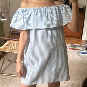 Blue and White Pinstripe Off-the-Shoulder Dress